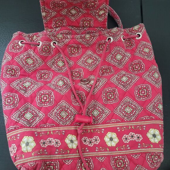 Vintage Red Geometric Floral Print Quilted Drawstring Bag Backpack Boho Hippie - Picture 3 of 8